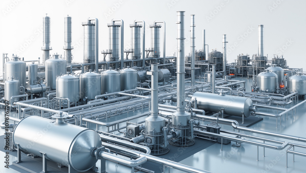 Industrial Chemical Processing Plant with Stainless Steel Tanks and Complex Pipeline System, Modern Manufacturing Facility Infrastructure Industrial Chemical Processing Plant with Stainless Steel Tanks and Complex Pipeline System, Modern Manufacturing Facility Infrastructure