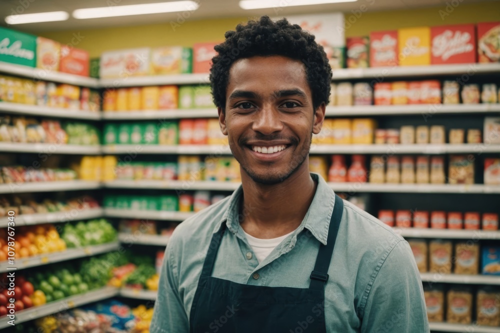 Close portrait of a smiling young Belizean male grocer standing and looking at the camera, Belizean grocery store blurred background