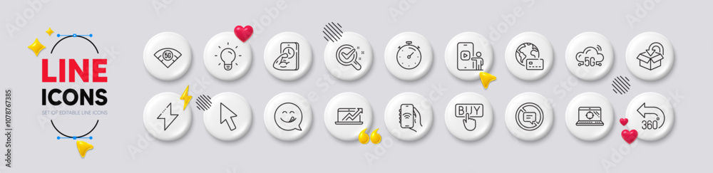 Seo laptop, Energy and Buying line icons. White buttons 3d icons. Pack of Stop talking, Phone video, Fitness icon. Timer, 360 degrees, Cursor pictogram. Internet pay, Internet app, Light bulb. Vector Seo laptop, Energy and Buying line icons. White buttons 3d icons. Pack of Stop talking, Phone video, Fitness icon. Timer, 360 degrees, Cursor pictogram. Internet pay, Internet app, Light bulb. Vector
