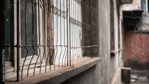 Iron bars on a residential window casting shadows on an outdoor wall