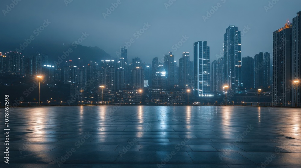 Obraz premium A view of a cityscape at night, with a reflection of the city lights in the wet pavement.