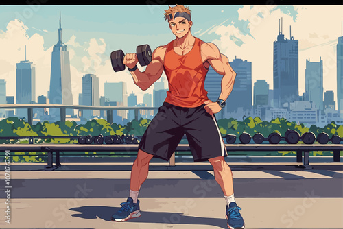  Young sporty man in headband working out with dumbbells looking at camera smiling