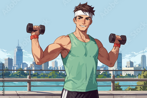  Young sporty man in headband working out with dumbbells looking at camera smiling
