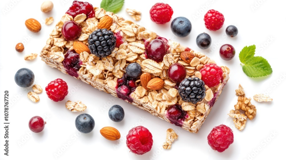 A nutritious granola bar surrounded by fresh berries and nuts, emphasizing healthy snacking. A nutritious granola bar surrounded by fresh berries and nuts, emphasizing healthy snacking.
