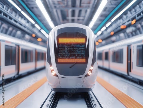 A highspeed train undergoing laserguided inspections inside a futuristic maintenance hub filled with holographic data screens photo