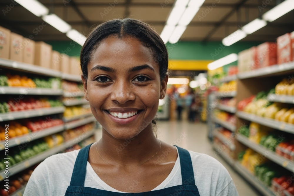 Close portrait of a smiling young Belizean female grocer standing and looking at the camera, Belizean grocery store blurred background Close portrait of a smiling young Belizean female grocer standing and looking at the camera, Belizean grocery store blurred background