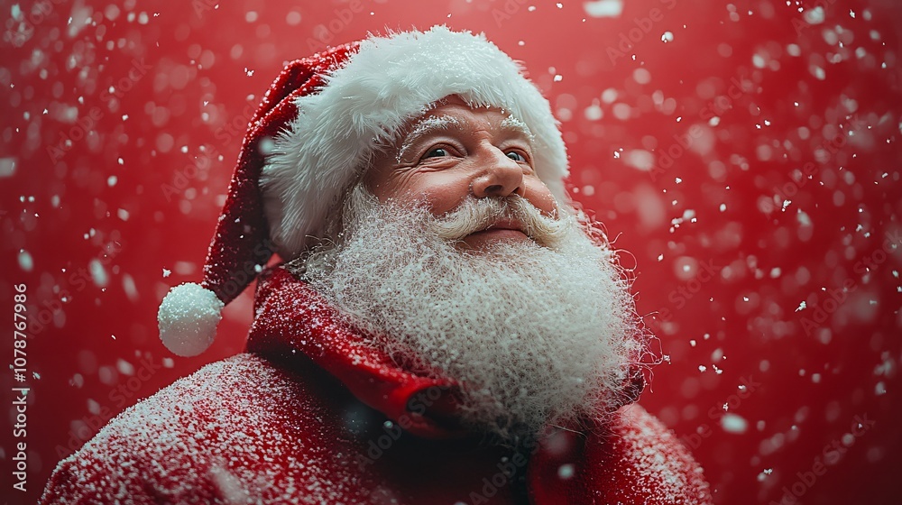 Cheerful Santa Claus celebrates Christmas with a joyful expression and snowfall backdrop Cheerful Santa Claus celebrates Christmas with a joyful expression and snowfall backdrop