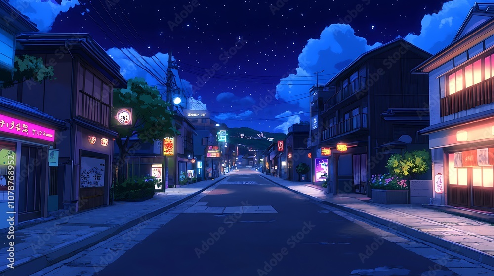 Fototapeta premium Anime-style neon lit street in a futuristic city