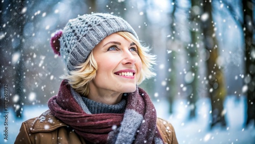 Close up portrait of smiling woman in winter clothes against background of snowy winter forest