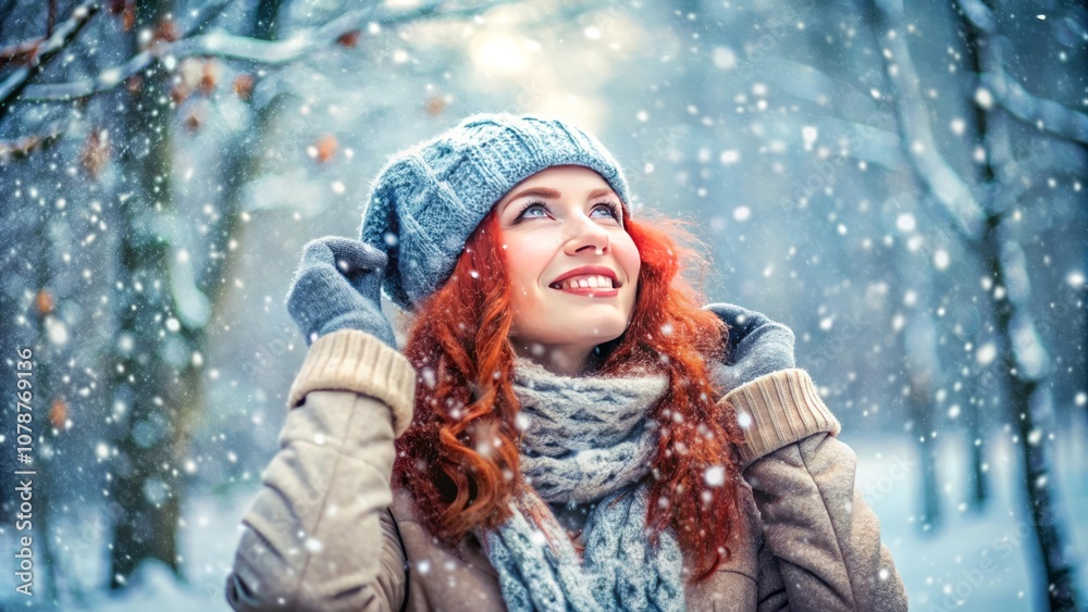Close up portrait of smiling woman in winter clothes against background of snowy winter forest