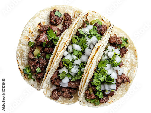 Three tacos with meat, onions, and cilantro