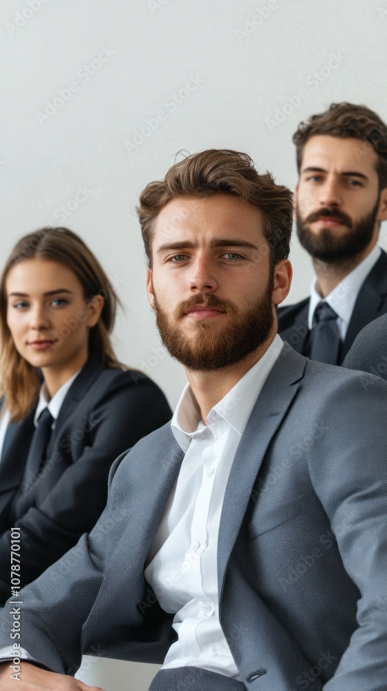 Three men and a woman are sitting together in suits Three men and a woman are sitting together in suits