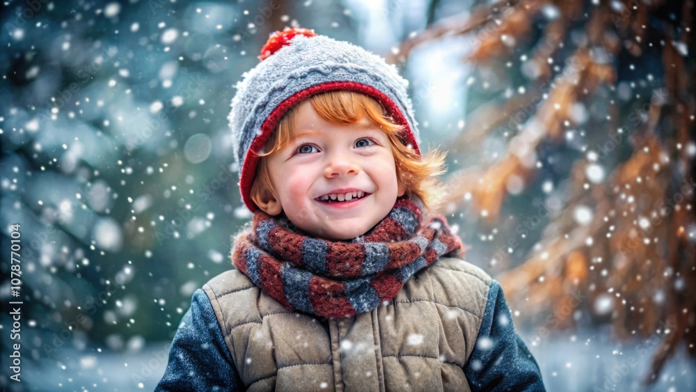 Cute happy child wearing a warm winter clotes surrounded with snowflakes. Winter holidays concept Cute happy child wearing a warm winter clotes surrounded with snowflakes. Winter holidays concept