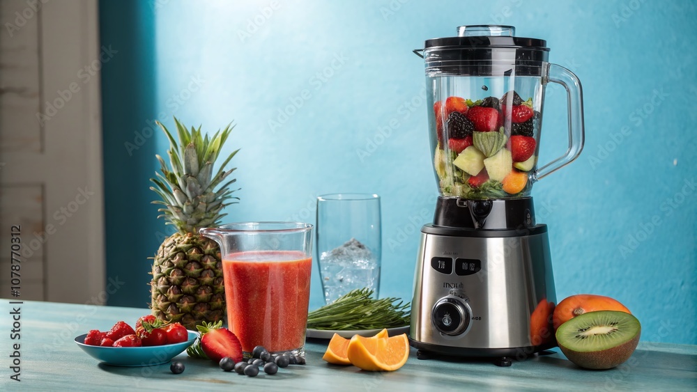 High-Quality Electric Blender Juicer on a Vibrant Blue Background for Kitchen Appliances and Healthy Lifestyle Imagery