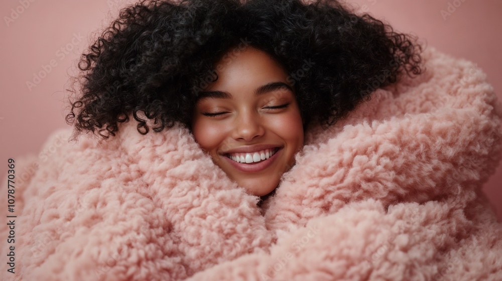 Smiling woman wrapped in fluffy pink sherpa blanket for warmth Smiling woman wrapped in fluffy pink sherpa blanket for warmth
