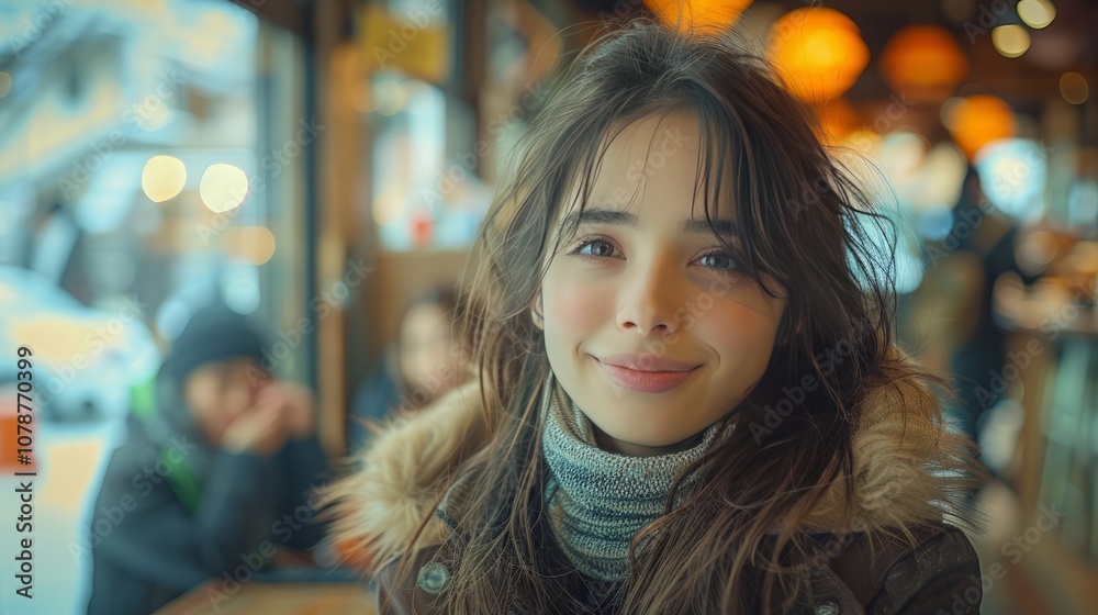 Teenage girl relaxing with friends at a local cafa, chatting and laughing. The cozy, social setting captures the essence of casual teenage life.