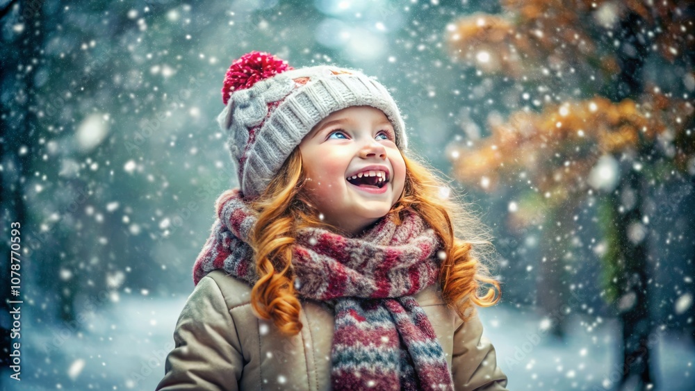 Cute happy child wearing a warm winter clotes surrounded with snowflakes. Winter holidays concept Cute happy child wearing a warm winter clotes surrounded with snowflakes. Winter holidays concept