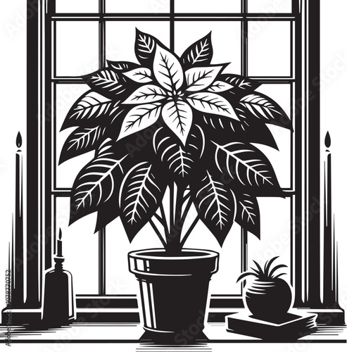 Classic Poinsettia in Windowsill. A striking black and white woodcut illustration of a poinsettia plant in a terracotta pot, sitting on a windowsill.