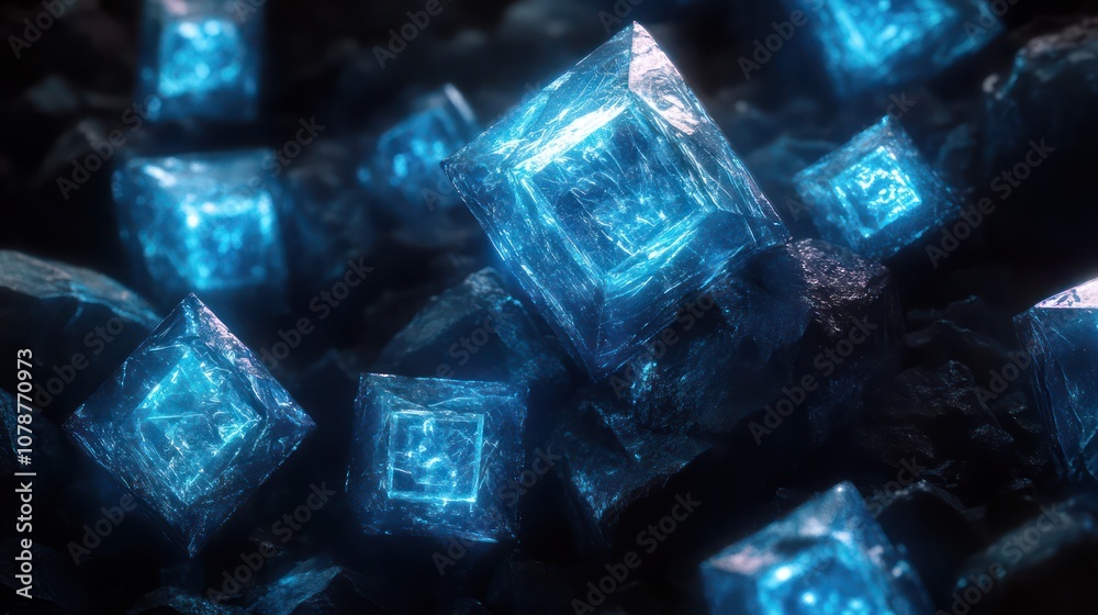 Glowing blue crystals on a dark background. Glowing blue crystals on a dark background.