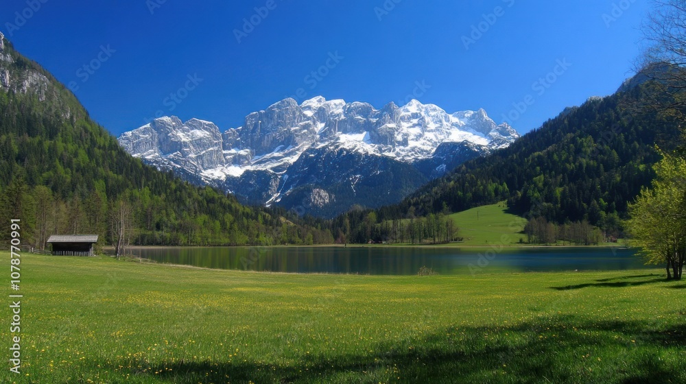 A serene alpine lake nestled in a valley surrounded by snow-capped mountains and lush green meadows. A serene alpine lake nestled in a valley surrounded by snow-capped mountains and lush green meadows.