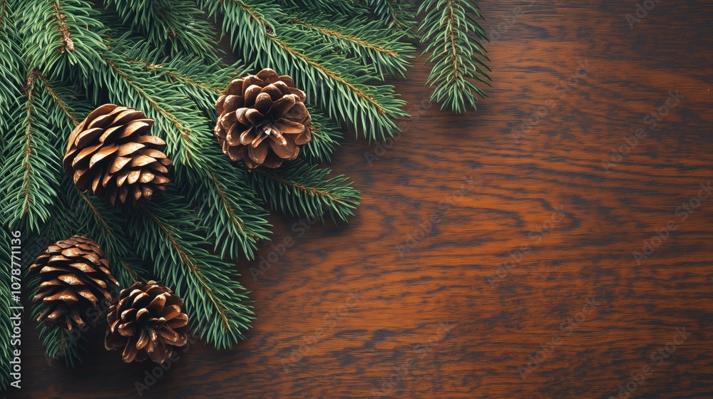 Christmas blank greeting card, invitation mockup. Fir branches and cones on wooden table. Copy space, top view. Christmas blank greeting card, invitation mockup. Fir branches and cones on wooden table. Copy space, top view.