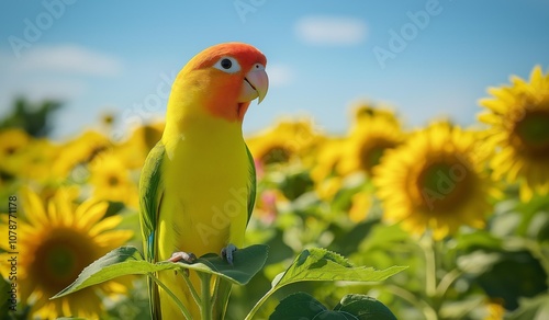  AI generator image of cute parrot standing on field of sunflowers ,flock of birds Alexandrine parakeet,Alexandrine parrot on field of sunflowers stretching into the distance,blue sky in the backgroun