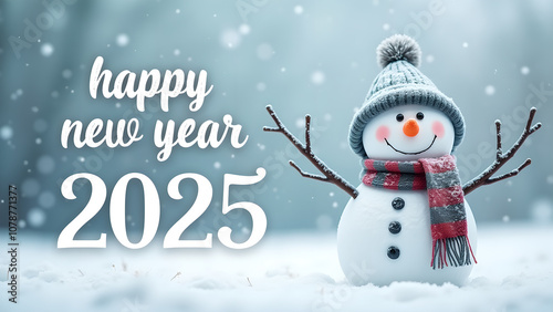 Happy New Year 2025 greeting with a snowman in a winter wonderland