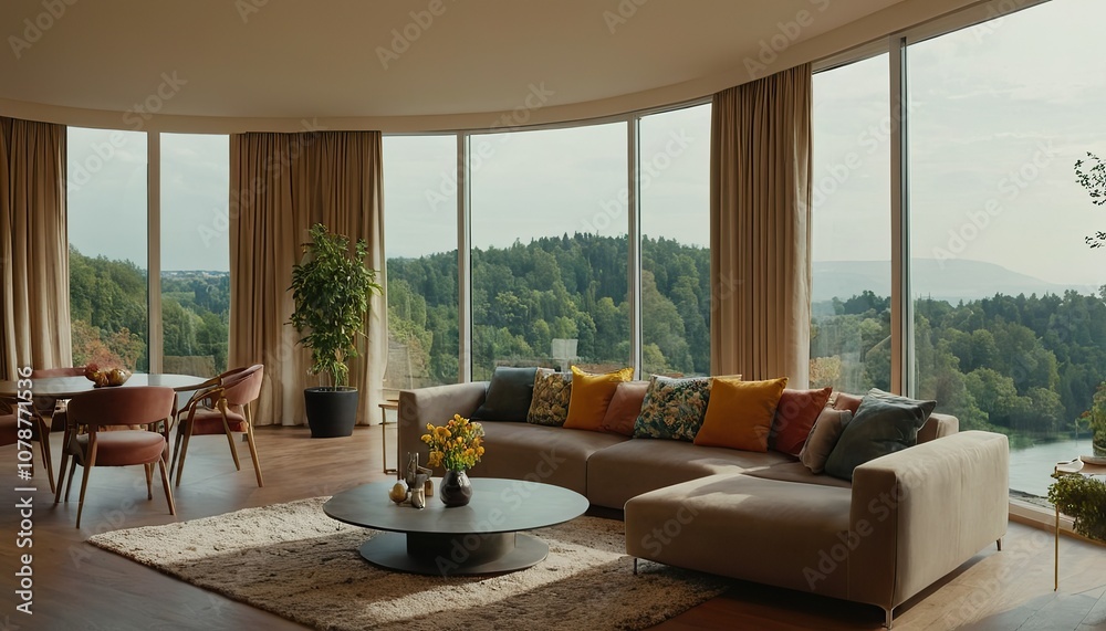 Fototapeta premium A bright, white living room with a light gray sofa adorned with vibrant yellow pillows 704