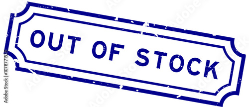 Grunge blue out of stock word rubber seal stamp on white background