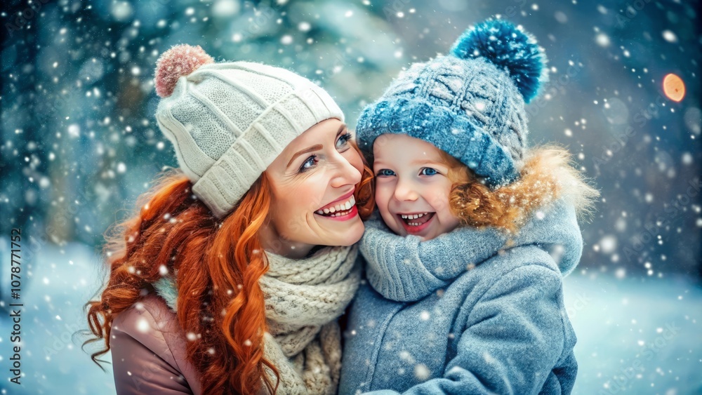 Happy family wearing a warm winter clotes surrounded with snowflakes in snow park. Winter holidays concept Happy family wearing a warm winter clotes surrounded with snowflakes in snow park. Winter holidays concept