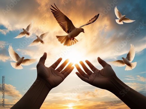 A symbolic scene of open hands releasing white doves into the sunset sky, representing peace, freedom, and spirituality in a beautiful, serene atmosphere. photo