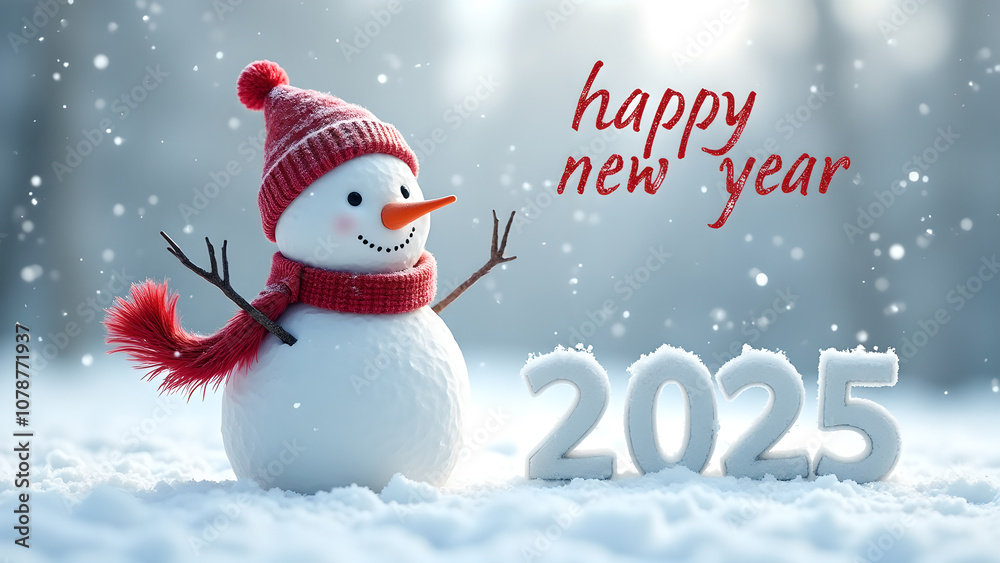 Snowman with happy new year text and 2025 numbers Snowman with happy new year text and 2025 numbers
