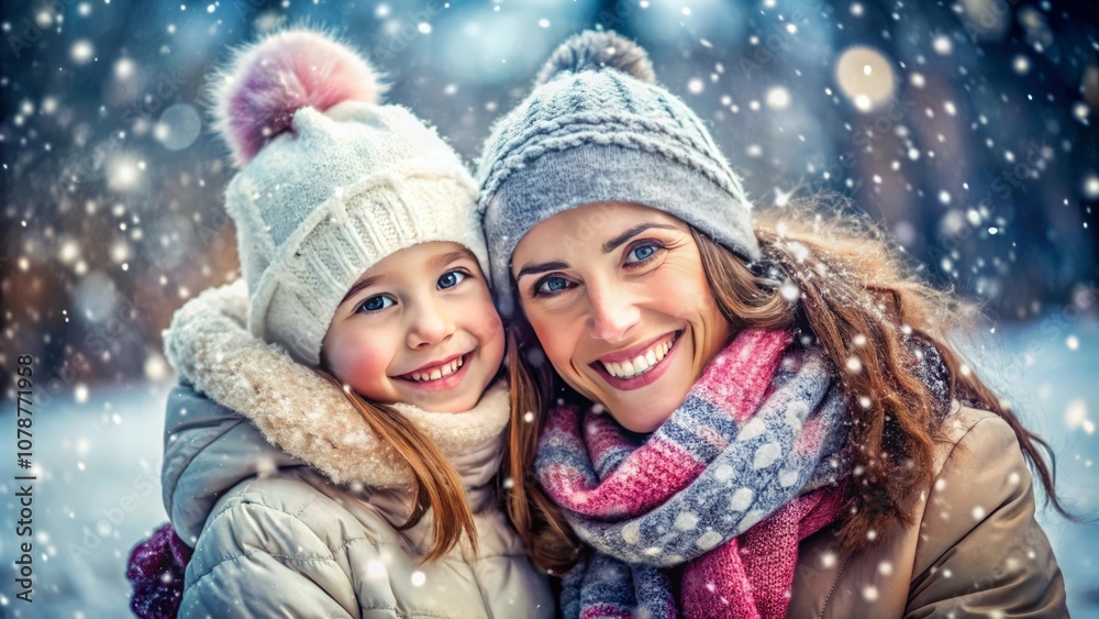 Happy family wearing a warm winter clotes surrounded with snowflakes in snow park. Winter holidays concept Happy family wearing a warm winter clotes surrounded with snowflakes in snow park. Winter holidays concept