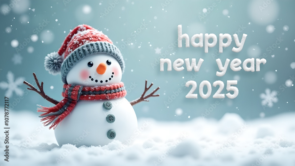 Happy New Year 2025 with snowman and snowfall Happy New Year 2025 with snowman and snowfall