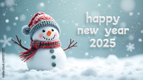 Happy New Year 2025 with snowman and snowfall