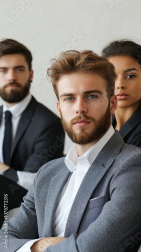 Three men and a woman are sitting together in suits and ties