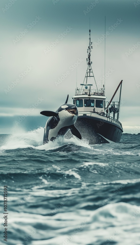 Obraz premium AI generator image of orca wales, jumping out of sea surface, in a cristal clear water glacier 