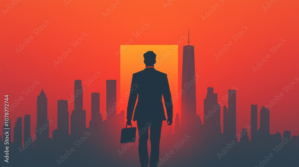 illustration of a man in a suit is walking go to city with a briefcase. The city is in the background and the sky is orange. Scene is serious and focused illustration of a man in a suit is walking go to city with a briefcase. The city is in the background and the sky is orange. Scene is serious and focused