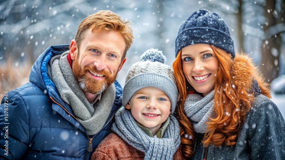 Fototapeta premium Happy family wearing a warm winter clotes surrounded with snowflakes in snow park. Winter holidays concept