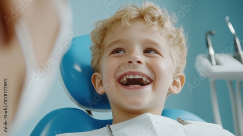 A cheerful child sitting in a dental chair, smiling widely, showing joy during a dental visit, creating a positive atmosphere.
