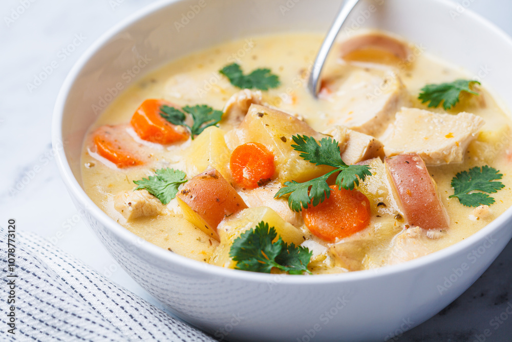 Chicken breast stew with potatoes and carrots in white bowl. Comfort food concept. Chicken breast stew with potatoes and carrots in white bowl. Comfort food concept.