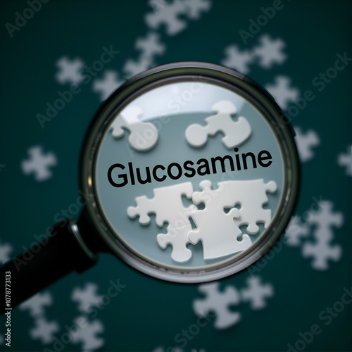 Glucosamine under magnifying glass, being researched, studied and examined. Most important subjects and ideas closely related to glucosamine written around a puzzle.Can be looped. photo