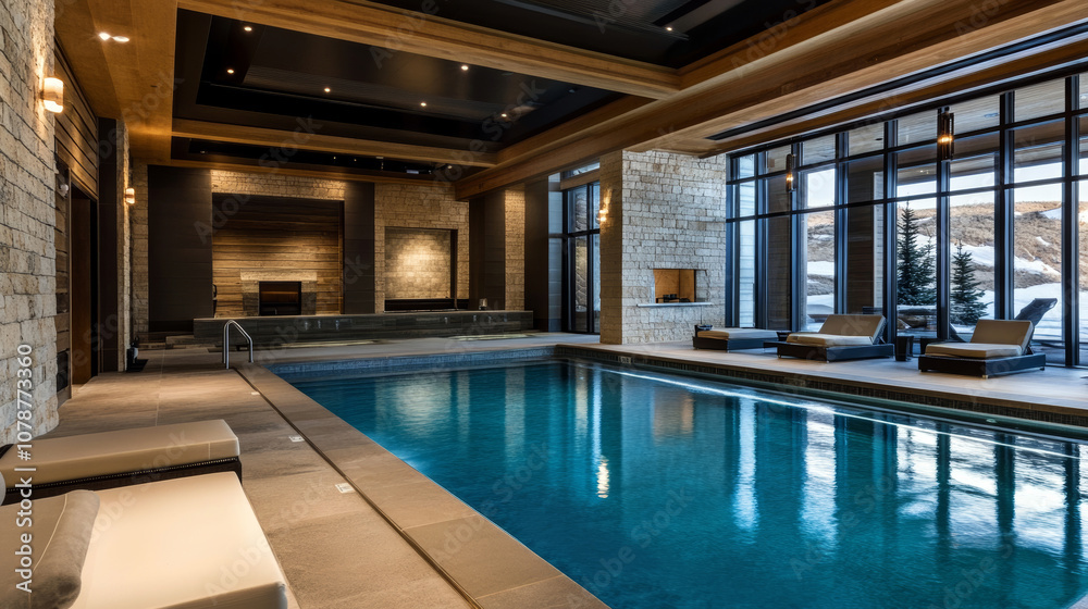 Swimming pool in a luxury hotel with lounger and large windows Swimming pool in a luxury hotel with lounger and large windows