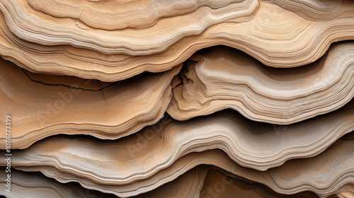 Close-up view of layered sedimentary rock formations with smooth, undulating textures in warm earthy tones photo