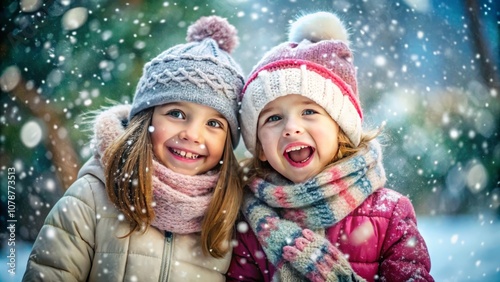 Cute happy children wearing a warm winter clotes surrounded with snowflakes. Winter holidays concept