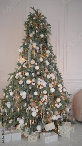 Elegant Christmas tree adorned with white and gold ornaments. photo