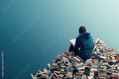 A student embraces knowledge while sitting under a vast pile of books exploring new worlds through reading