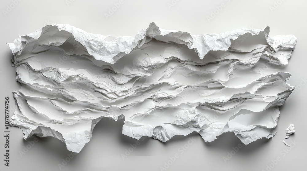 A textured, crumpled white paper artwork resembling abstract landscapes or waves. A textured, crumpled white paper artwork resembling abstract landscapes or waves.