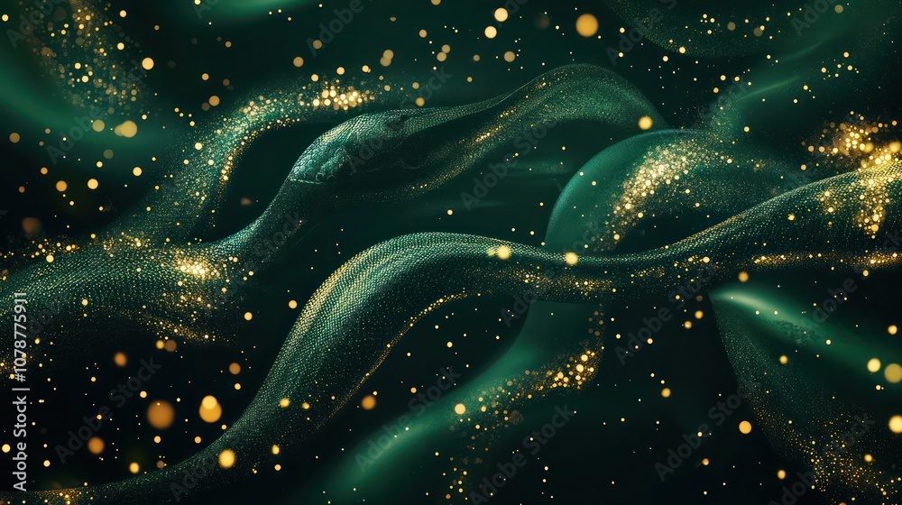 Abstract green and gold flowing fabric background with bokeh lights. Abstract green and gold flowing fabric background with bokeh lights.