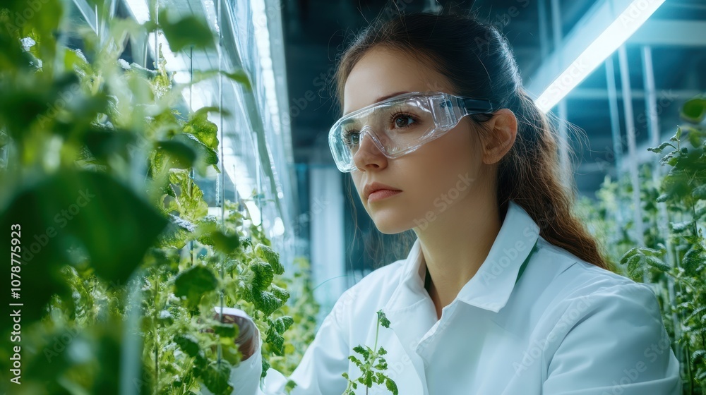 A focused scientist examines plants in a controlled environment. A focused scientist examines plants in a controlled environment.